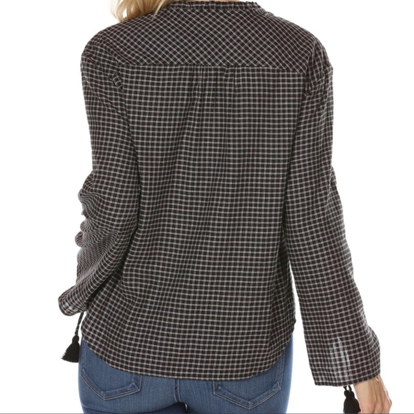 PAIGE Plaid Button Front Split Neck Ruffle Long Sleeve Tassel Black Mauve M NWT - Picture 9 of 14